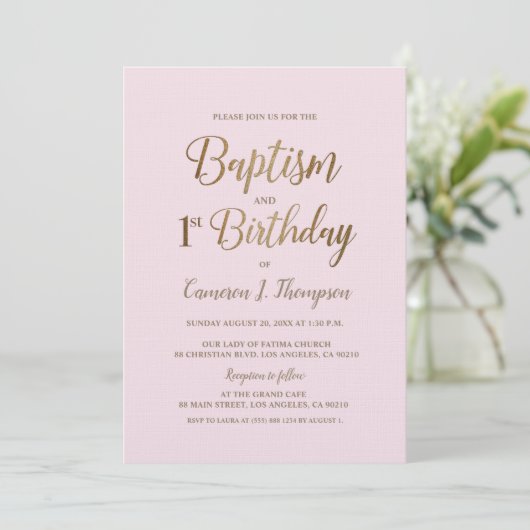 Minimalistische roze gouden doop 1e verjaardag kaart (Staand voorkant)