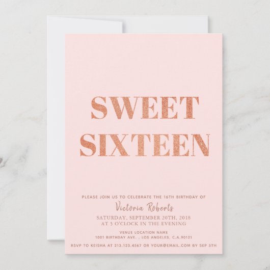 Minimalistische roze gouden glitter Sweet 16 uitno Feestdagenkaart (Voorkant)