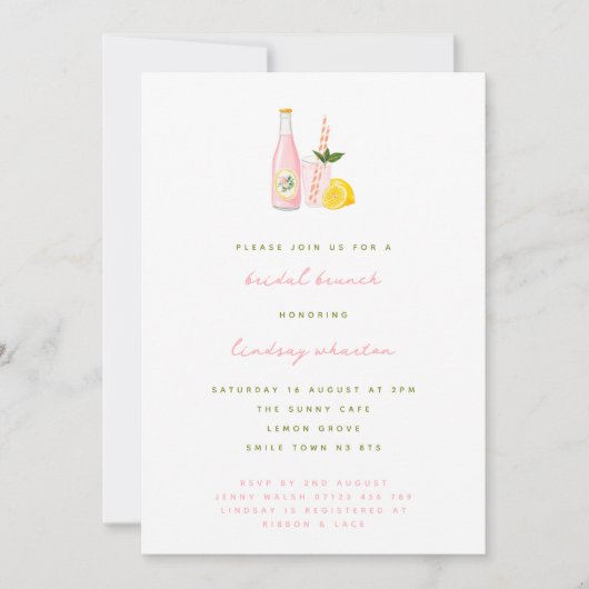 Minimalistische roze limonade bruids brunch kaart (Voorkant)