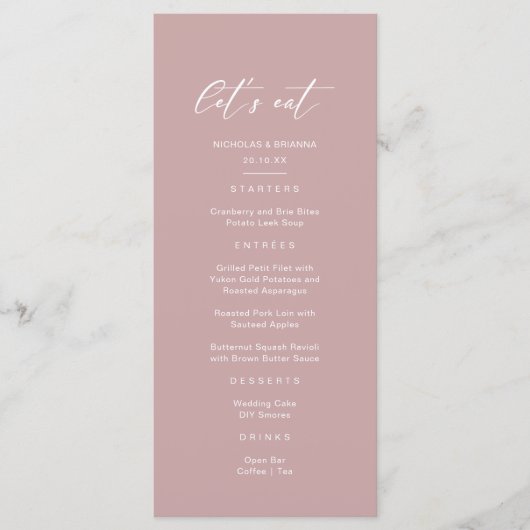Minimalistische Roze Mauve Bruiloft Menu (Voorkant)