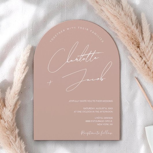 Minimalistische Roze Moderne Script Boog Bruiloft Kaart