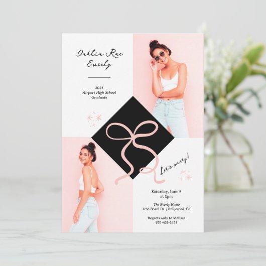 Minimalistische Roze Pet en Bow Afstuderen Foto Kaart (Staand voorkant)