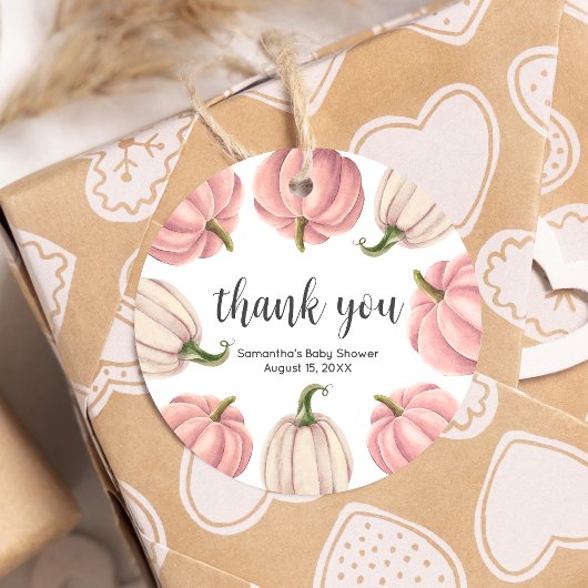 Minimalistische Roze Pompoen Herfst Baby shower Ro Bedankjes Labels