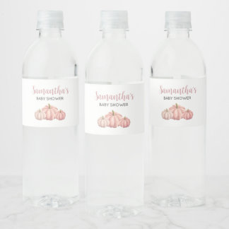 Minimalistische Roze Pompoen Herfst Baby shower Waterfles Etiket