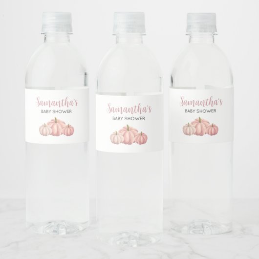 Minimalistische Roze Pompoen Herfst Baby shower Waterfles Etiket (Flessen)