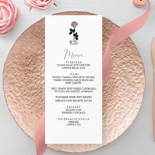 Minimalistische roze roos monogram bruiloft menu