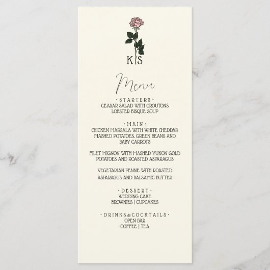 Minimalistische roze roos monogram bruiloft menu (Voorkant)