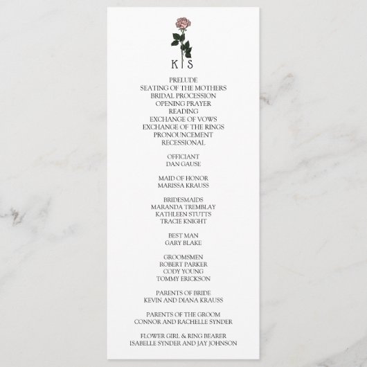 Minimalistische roze roos monogram bruiloft programmakaart (Voorkant)