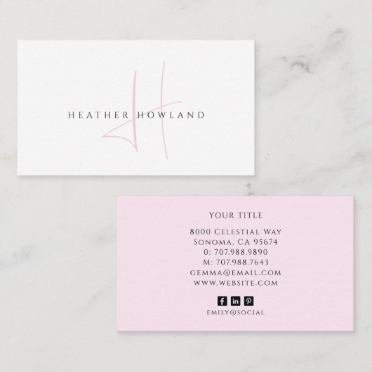 Minimalistische Roze Script Monogram Naam Visitekaartje (Voorkant / Achterkant)