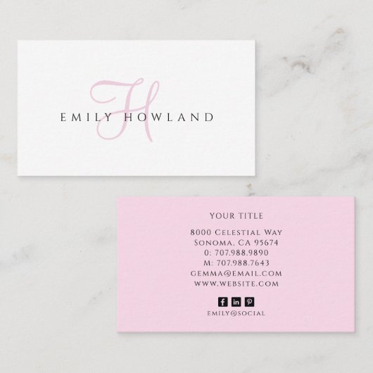 Minimalistische Roze Script Monogram Naam Visitekaartje (Voorkant / Achterkant)