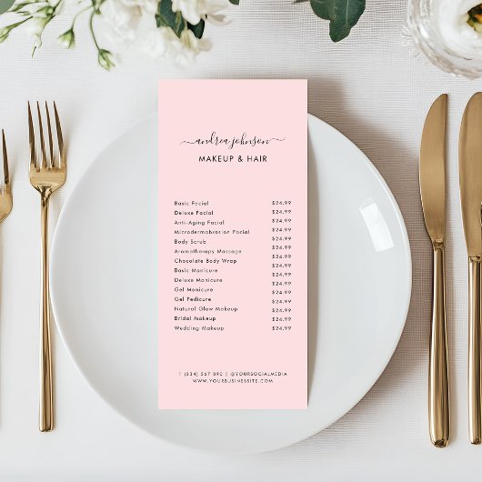 Minimalistische Roze Services Menu Prijslijst