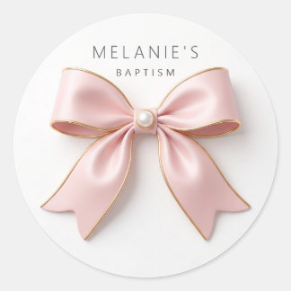Minimalistische Roze Strik Parel Luxe Doop Ronde Sticker
