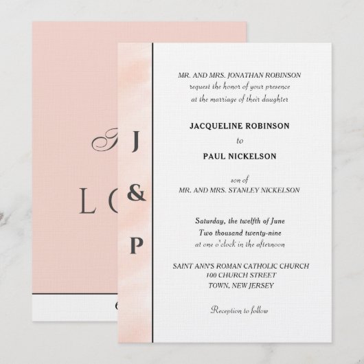 Minimalistische Roze Watercolor Monogram Kaart (Voorkant / Achterkant)