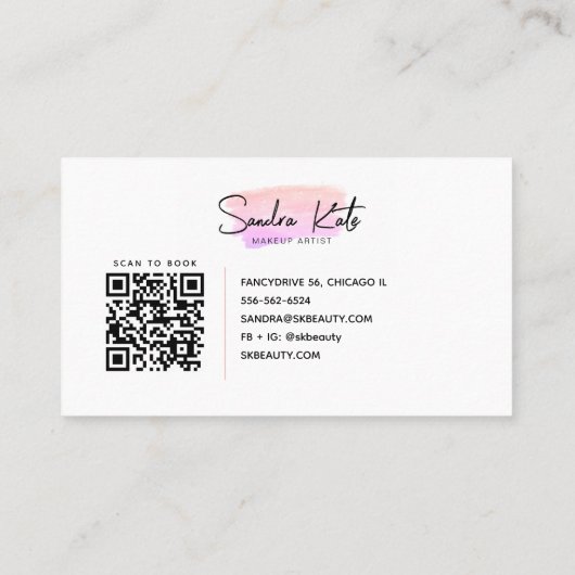 Minimalistische Roze Waterverf QR Code Schoonheid  Visitekaartje (Achterkant)