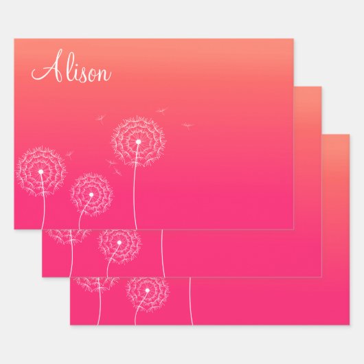 Minimalistische Roze Witte Paardenbloem Naam Schat Inpakpapier Vel (Set)