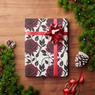 Minimalistische rozen in zwart en diep rood op een cadeaupapier