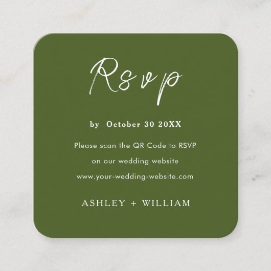 Minimalistische RSVP website QR code Moss Green br Informatiekaartje (Voorkant)