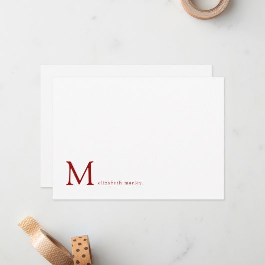 Minimalistische Ruby Red Monogram Correspondentie Notitiekaartje (Voorkant / Achterkant in situ)