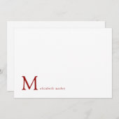Minimalistische Ruby Red Monogram Correspondentie Notitiekaartje (Voorkant / Achterkant)