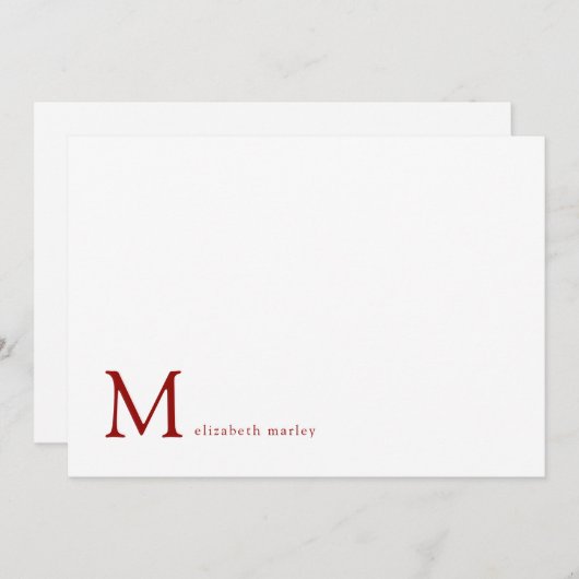 Minimalistische Ruby Red Monogram Correspondentie Notitiekaartje (Voorkant / Achterkant)