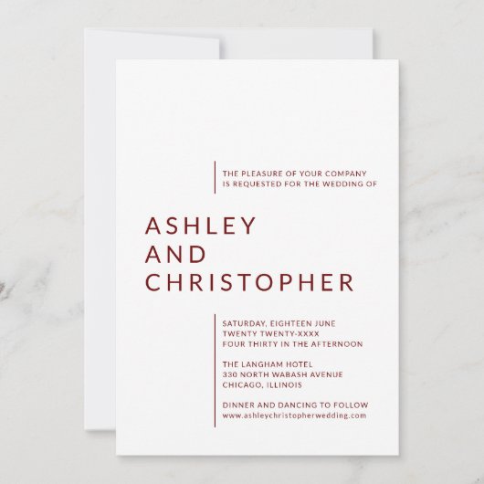 Minimalistische Ruby Rode Geïsoleerde Namen Bruilo Kaart (Voorkant)