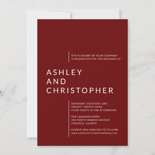 Minimalistische Ruby Rode Geïsoleerde Namen Bruilo Kaart (Voorkant)