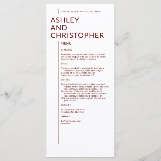 Minimalistische Ruby Rode Geïsoleerde Namen Bruilo Menu (Voorkant)