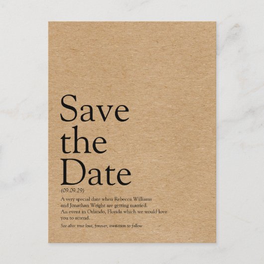 Minimalistische Rustic Save the Date Definitie Briefkaart (Voorkant)