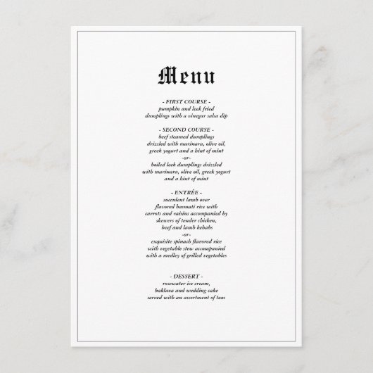 Minimalistische rustieke gotische elegante bruilof menu (Voorkant)