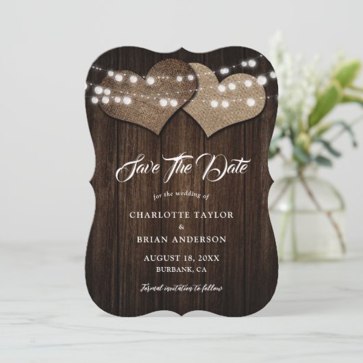 Minimalistische rustieke houten verlichting Countr Save The Date (Staand voorkant)