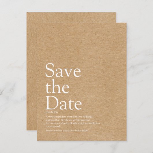 Minimalistische rustieke kraft Bewaar de datumdefi Aankondigingskaart (Voorkant / Achterkant)