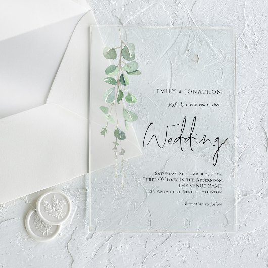 Minimalistische Sage Eucalyptus Script Wedding Acryl Uitnodigingen
