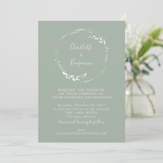 Minimalistische Sage Floral Wreath Calligraphy Wed Kaart (Staand voorkant)