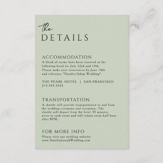 Minimalistische Sage Green Boho Trendy bruiloft De Informatiekaartje (Voorkant)
