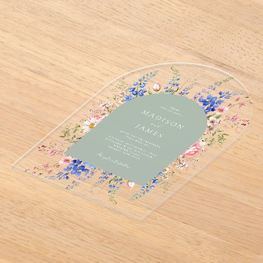 Minimalistische Sage Green Boho Wildflower Wedding Acryl Uitnodigingen (Laagn)