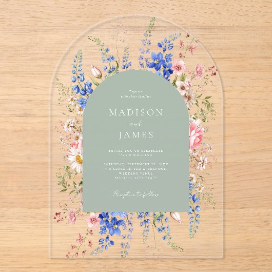 Minimalistische Sage Green Boho Wildflower Wedding Acryl Uitnodigingen (Voorkant)