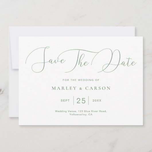 Minimalistische Sage Green Calligraphy Script Wedd Save The Date (Voorkant)