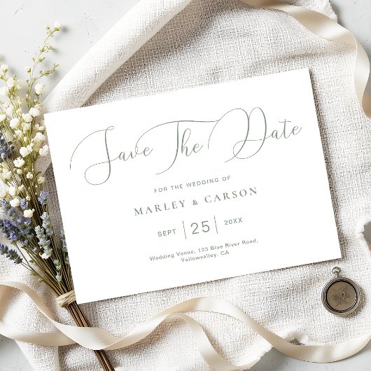 Minimalistische Sage Green Calligraphy Script Wedd Save The Date