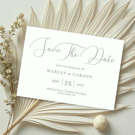 Minimalistische Sage Green Calligraphy Script Wedd Save The Date