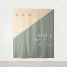 Minimalistische Sage Green Cream Trouwfoto Achterg Wandkleed