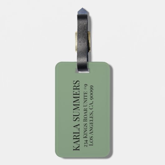 Minimalistische Sage Green Custom Black Typografie Bagagelabel (Achterkant verticaal)