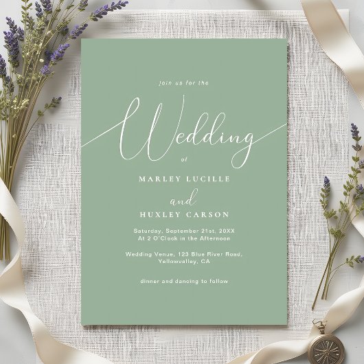 Minimalistische Sage Green Elegant Script Wedding Kaart