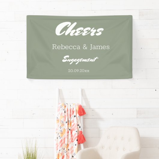 Minimalistische Sage Green Engagement Party Cheers Spandoek (Insitu)