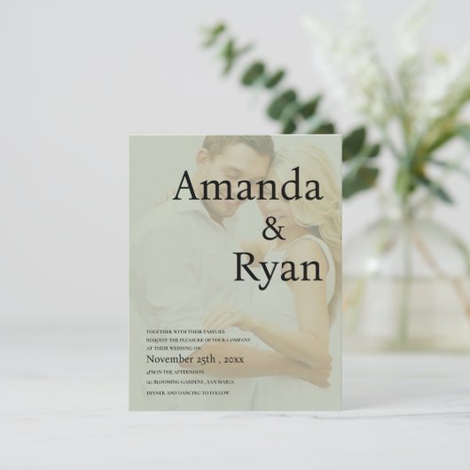 Minimalistische Sage Green Faux Vellum Fotobruilof Kaart (Staand voorkant)