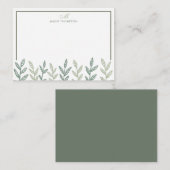 Minimalistische Sage Green Leaves Script Monogram Notitiekaartje (Voorkant / Achterkant)