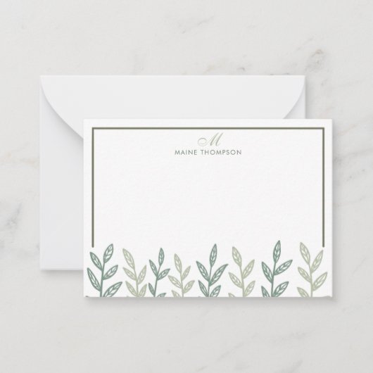 Minimalistische Sage Green Leaves Script Monogram Notitiekaartje (Voorkant)