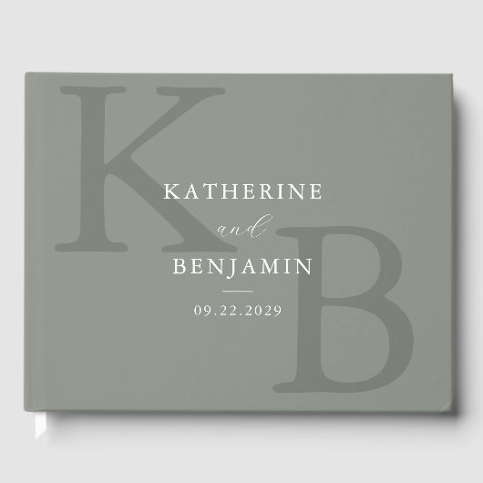 Minimalistische Sage Green Monogram Moderne bruilo Gastenboek (Voorkant)