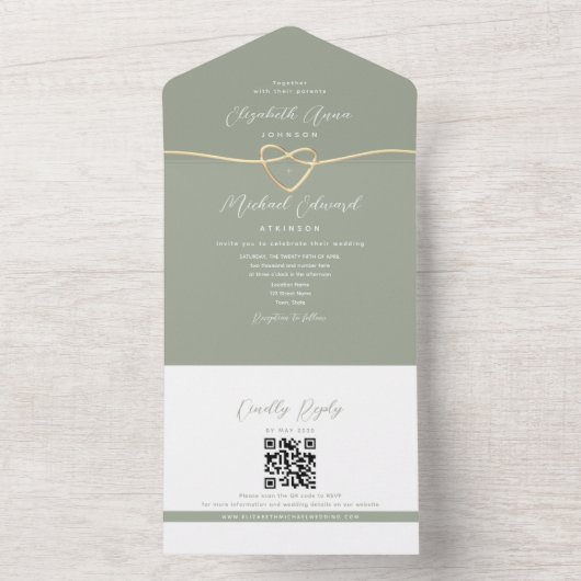 Minimalistische Sage Green QR Code Wedding All In One Uitnodiging (Binnen)