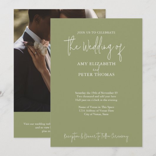 Minimalistische Sage Green - QR - Foto en bruiloft Kaart (Voorkant / Achterkant)