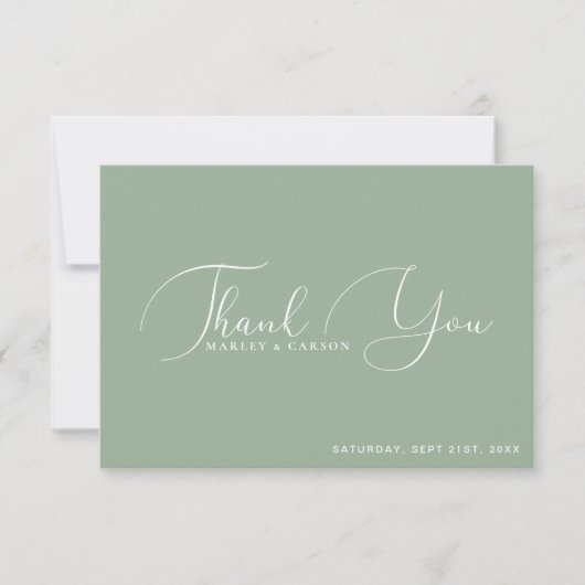 Minimalistische Sage Green Script Custom Wedding Bedankkaart (Voorkant)